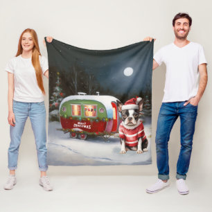 Boston Terrier Caravan Kerst Avontuur  Fleece Deken