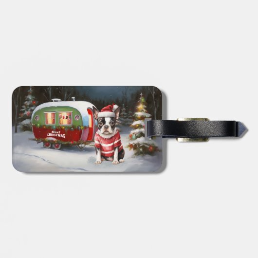 Boston Terrier Caravan Kerstavontuur Bagagelabel (Achterkant horizontaal)