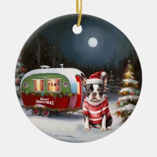 Boston Terrier Caravan Kerstavontuur Keramisch Ornament (Voorkant)