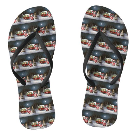 Boston Terrier Caravan Kerstavontuur Teenslippers (Voetbed)