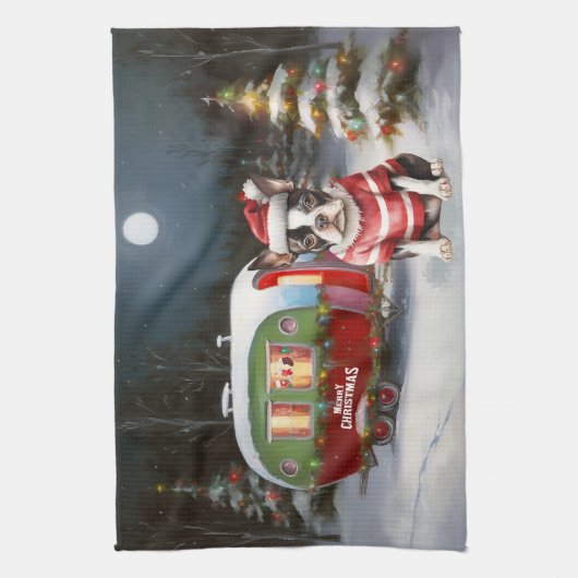 Boston Terrier Caravan Kerstavontuur Theedoek (Verticaal)