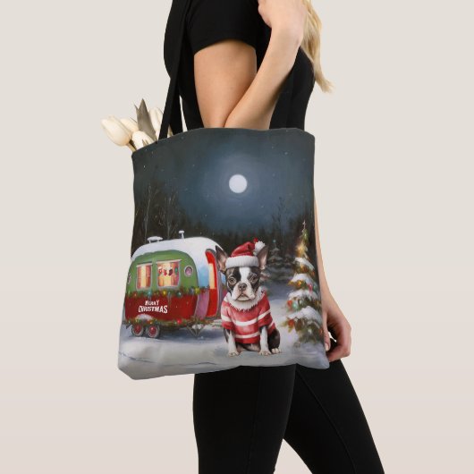 Boston Terrier Caravan Kerstavontuur Tote Bag (Dichtbij)