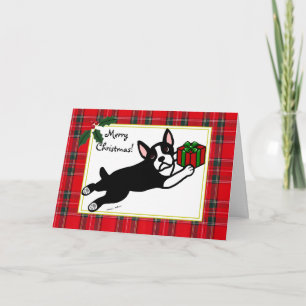 Boston Terrier Cartoon Tartan kerstkaarten Feestdagen Kaart