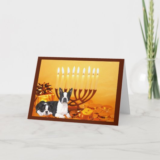Boston Terrier Chanoeka Kaart Menorah1 (Voorkant)