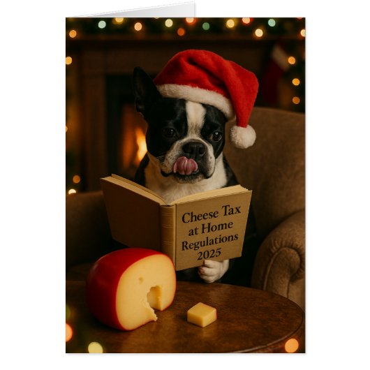 Boston Terrier 'Cheese Tax' Christmas card (Voorkant)