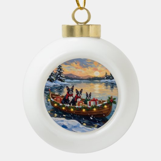 Boston Terrier Christmas Boat Holiday Keramische Bal Ornament (Voorkant)