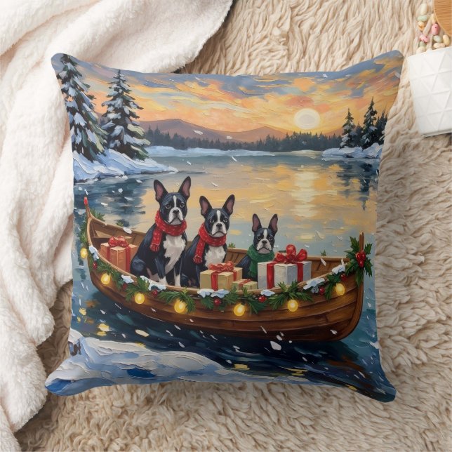 Boston Terrier Christmas Boat Holiday Kussen (Deken)