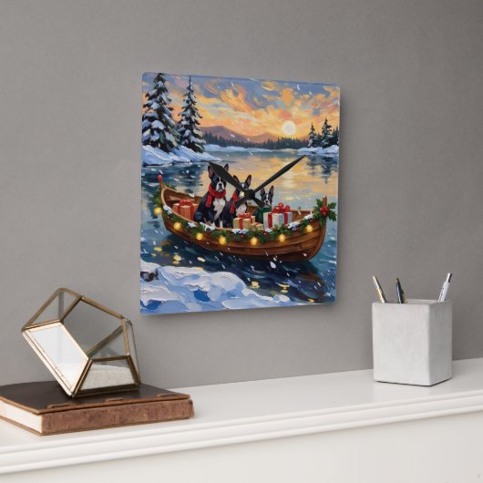 Boston Terrier Christmas Boat Holiday Vierkante Klok (Kantoor)