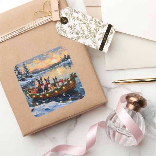 Boston Terrier Christmas Boat Holiday Vierkante Sticker (Geschenken)