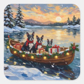Boston Terrier Christmas Boat Holiday Vierkante Sticker (Voorkant)