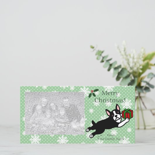 Boston Terrier Christmas Cartoon fotokaarten Feestdagenkaart (Staand voorkant)