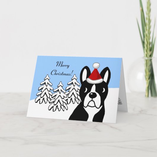 Boston Terrier Christmas Cartoon Snow Bossen Feestdagen Kaart (Voorkant)