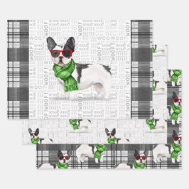 Boston Terrier Christmas Dog en Plaid Inpakpapier Vel