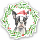 Boston Terrier Christmas Dog Puppy Vinyl Sticker (Voorkant)