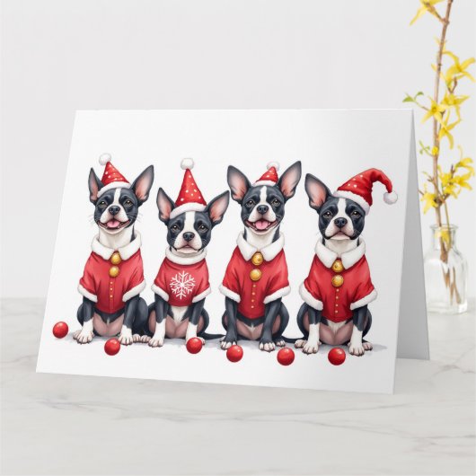 Boston Terrier Christmas Dress Santa Hat Kaart (Gele Bloem)
