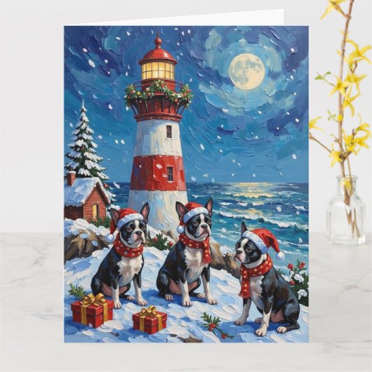 Boston Terrier Christmas Lighthouse Holiday Kaart (Gele Bloem)