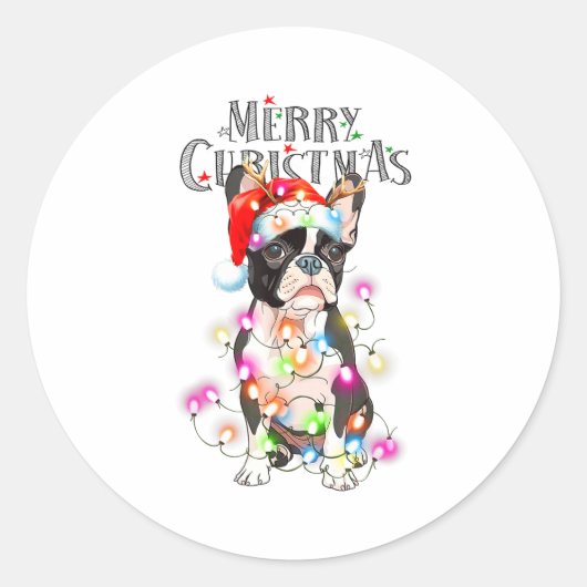 Boston Terrier Christmas Lights Xmas Dog  Ronde Sticker (Voorkant)