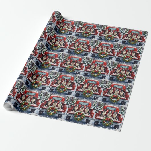 Boston Terrier Christmas Red Truck Holiday Cadeaupapier (Uitgerold)