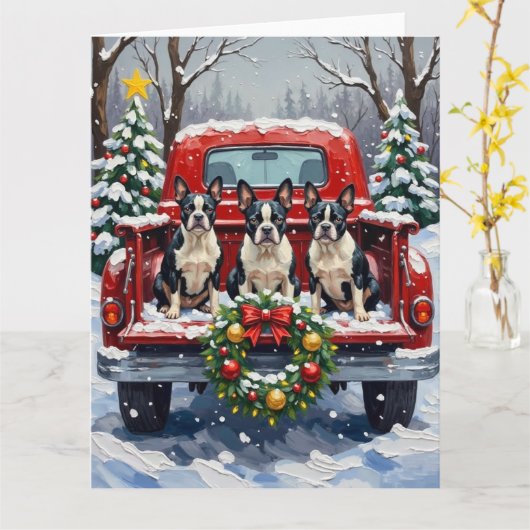 Boston Terrier Christmas Red Truck Holiday Kaart (Gele Bloem)