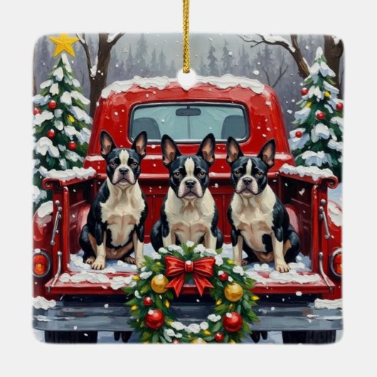Boston Terrier Christmas Red Truck Holiday Keramisch Ornament (Achterkant)