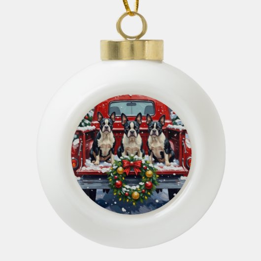 Boston Terrier Christmas Red Truck Holiday Keramische Bal Ornament (Voorkant)