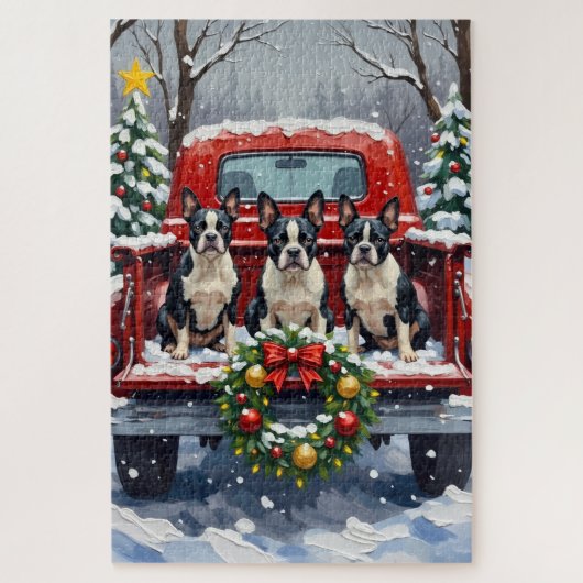 Boston Terrier Christmas Red Truck Holiday Legpuzzel (Verticaal)