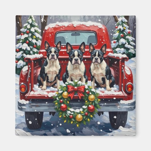 Boston Terrier Christmas Red Truck Holiday Magneet (Voorkant)