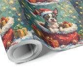 Boston Terrier Christmas Santa Bag Adventure Cadeaupapier (Rol Hoek)