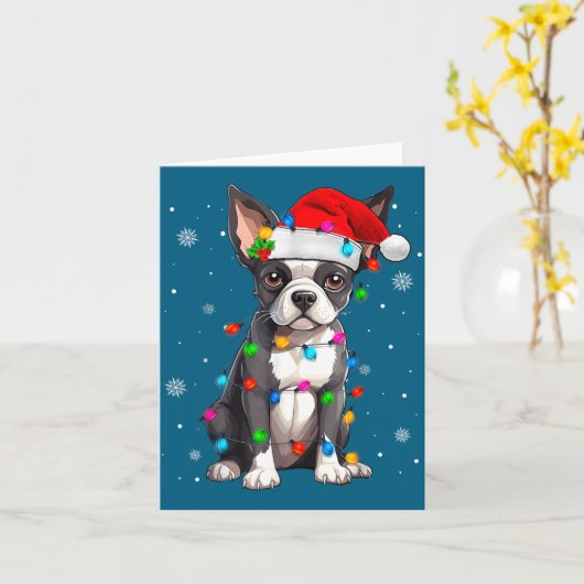 Boston Terrier Christmas Santa Hat  Kaart (Gele Bloem)