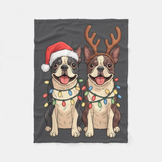 Boston Terrier Christmas Santa Hat Reindeer Lights Fleece Deken (Voorkant)