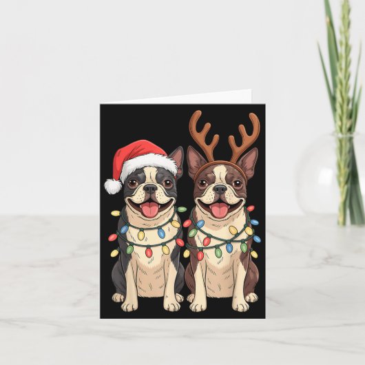 Boston Terrier Christmas Santa Hat Reindeer Lights Kaart (Voorkant)