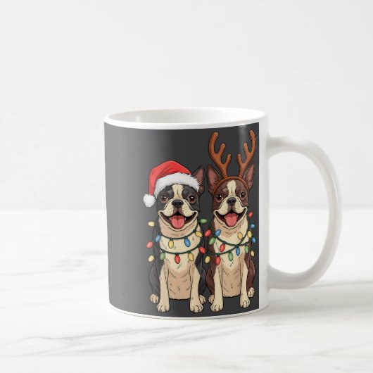 Boston Terrier Christmas Santa Hat Reindeer Lights Koffiemok (Rechts)