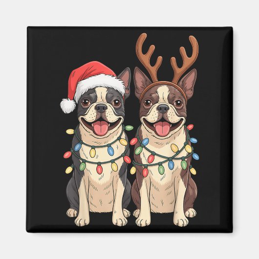 Boston Terrier Christmas Santa Hat Reindeer Lights Magneet (Voorkant)