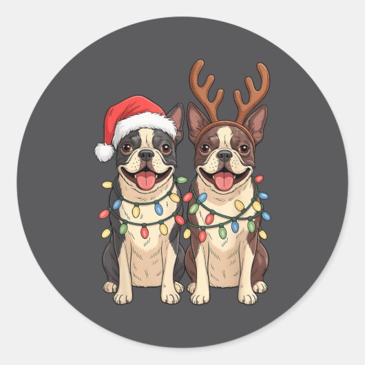 Boston Terrier Christmas Santa Hat Reindeer Lights Ronde Sticker (Voorkant)