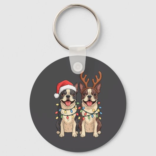 Boston Terrier Christmas Santa Hat Reindeer Lights Sleutelhanger (Voorkant)