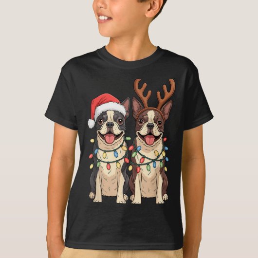 Boston Terrier Christmas Santa Hat Reindeer Lights T-shirt (Voorkant)