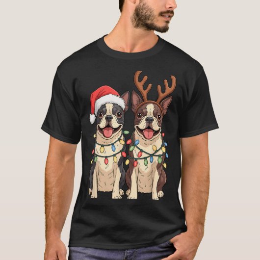 Boston Terrier Christmas Santa Hat Reindeer Lights T-shirt (Voorkant)