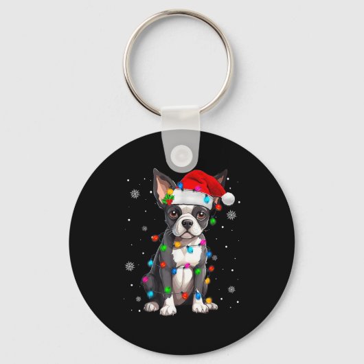 Boston Terrier Christmas Santa Hat  Sleutelhanger (Voorkant)