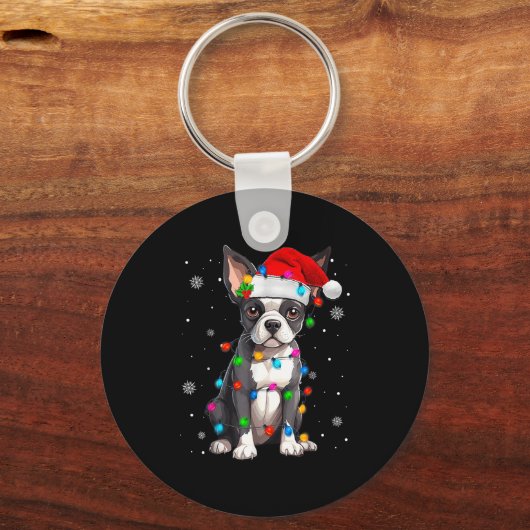 Boston Terrier Christmas Santa Hat  Sleutelhanger (Voorkant)