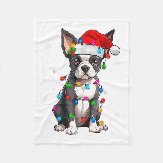 Boston Terrier Christmas Santa Hat Tree Lights Paj Fleece Deken (Voorkant)