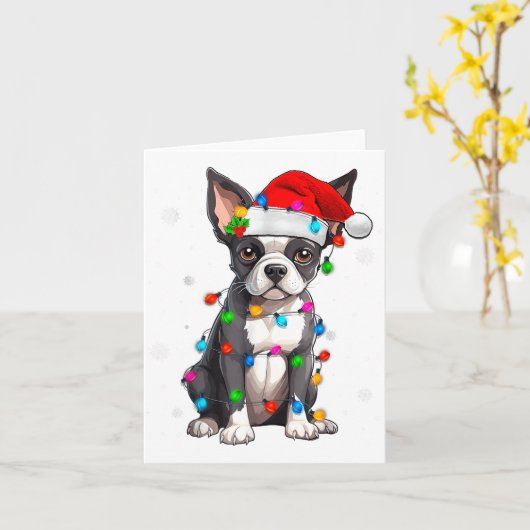 Boston Terrier Christmas Santa Hat Tree Lights Paj Kaart (Gele Bloem)