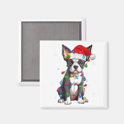 Boston Terrier Christmas Santa Hat Tree Lights Paj Magneet (Voorkant / Achterkant)