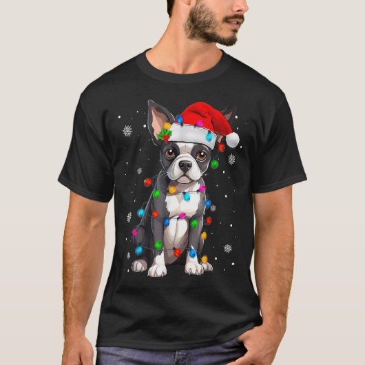 Boston Terrier Christmas Santa Hat Tree Lights Paj T-shirt (Voorkant)
