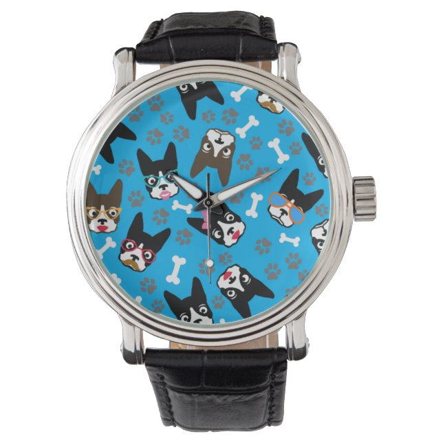 Boston Terrier Cute Mustache Funny Faces Horloge (Voorkant)