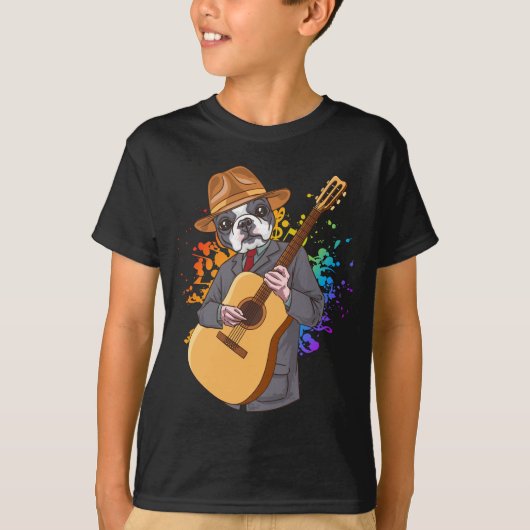 Boston Terrier die Acoustic Guitar Boy speelt T-shirt (Voorkant)
