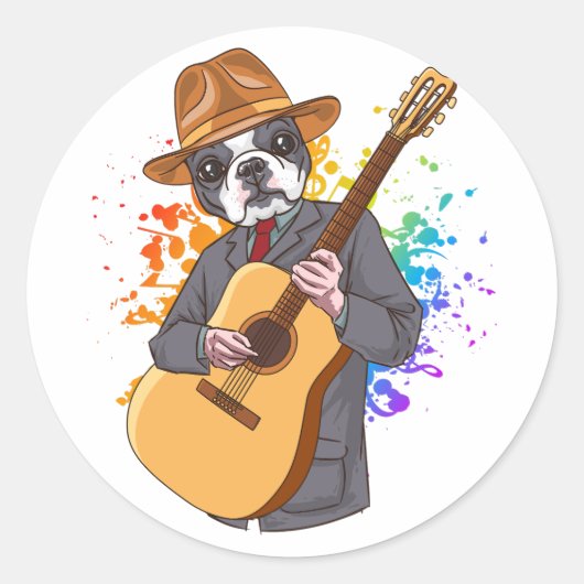 Boston Terrier die Acoustic Guitar speelt Ronde Sticker (Voorkant)
