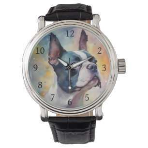 Boston Terrier Digitale Waterverf Portrait Dog 173 Horloge
