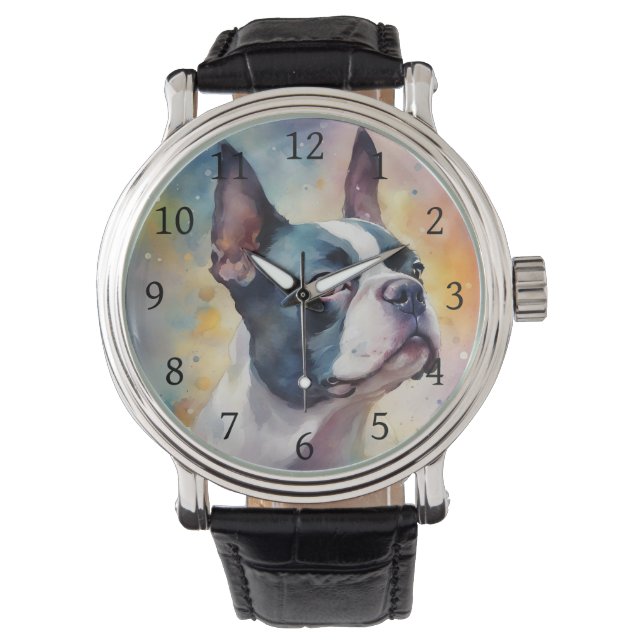 Boston Terrier Digitale Waterverf Portrait Dog 173 Horloge (Voorkant)