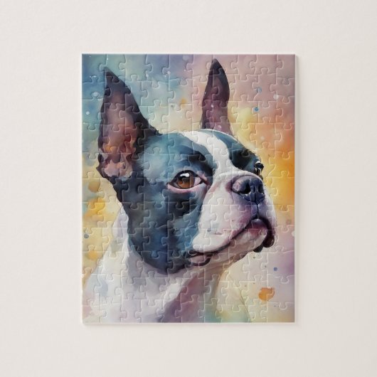 Boston Terrier Digitale Waterverf Portrait Dog 173 Legpuzzel (Verticaal)