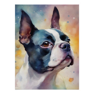 Boston Terrier Digitale Waterverf Portrait Dog 173 Perfect Poster